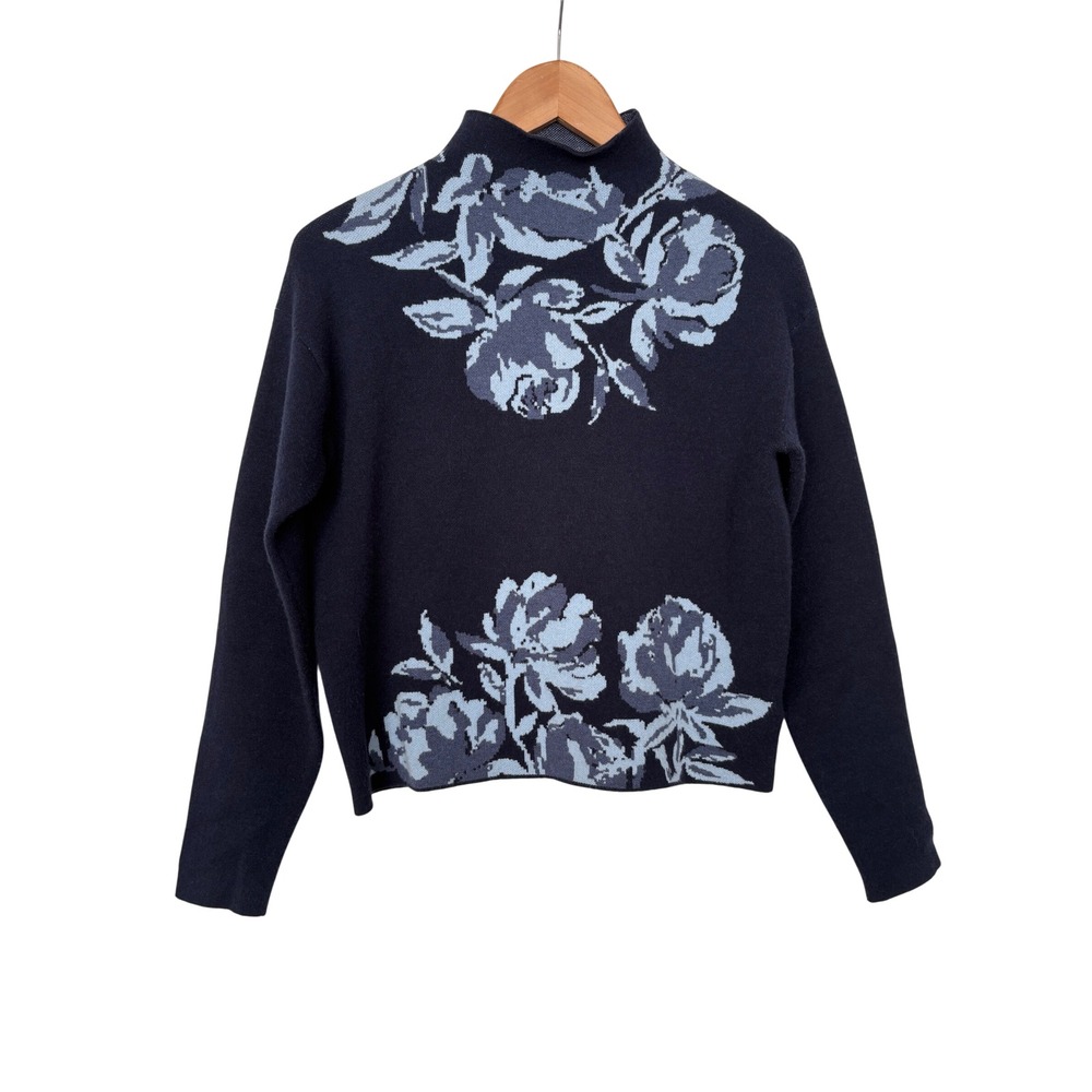 Joie Coquette Funnel Neck Cottagecore Navy Floral Intarsia Knit Rose Sweater S